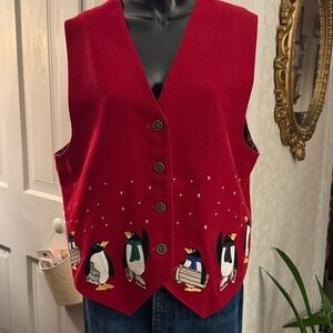 Karen Scott Red Holiday Winter Penguin Vest Silver Pine Tree Buttons Large